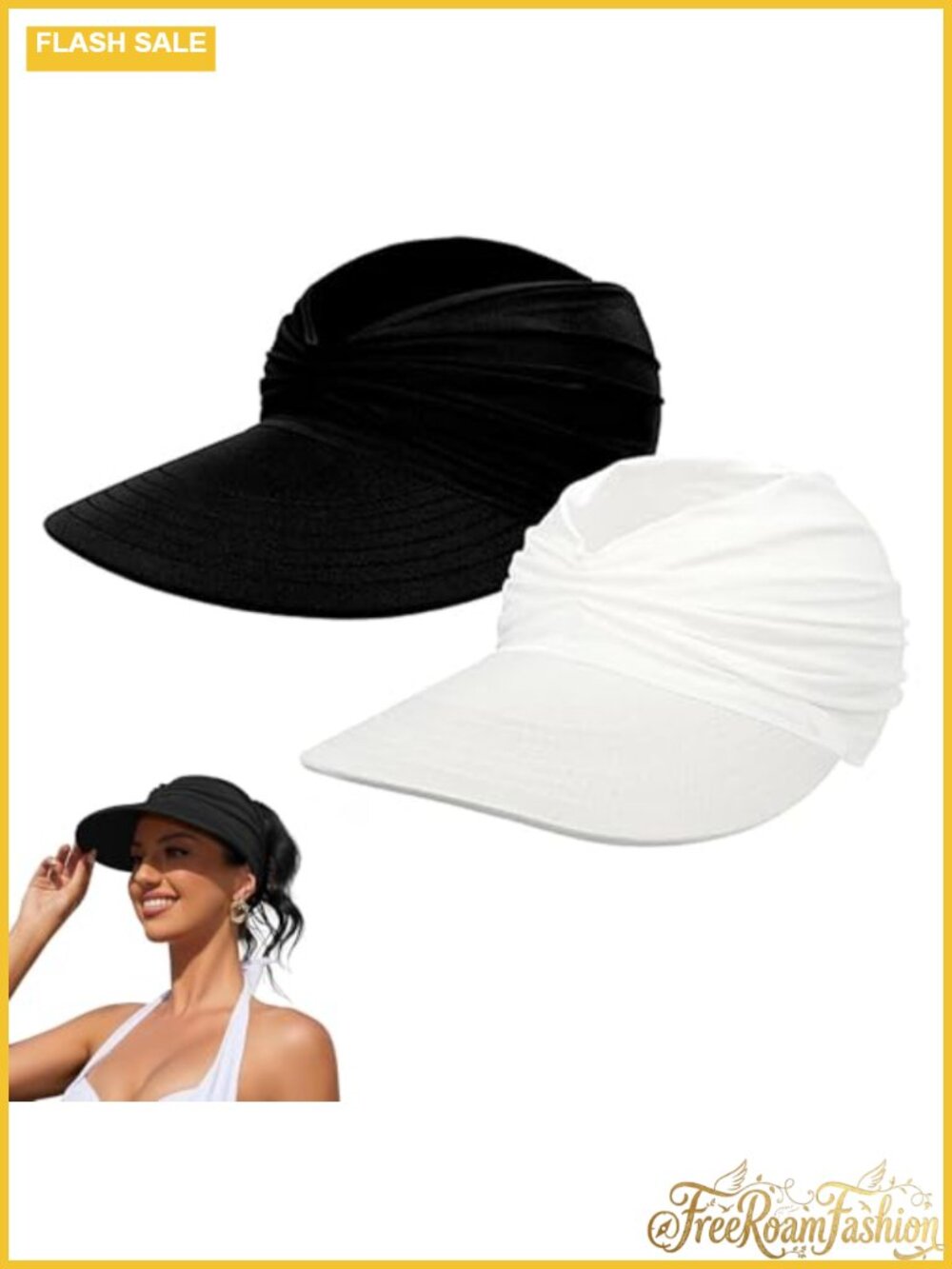2 Pack Women's UPF 50+ Sun Visor Hat Wide Brim Foldable Ponytail Cap